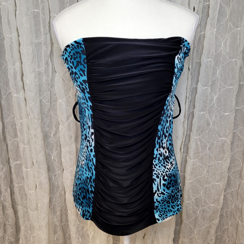 Belinda Y2K Leopard Print Ruched Strapless Tube Top Black & Blue Animal Print L